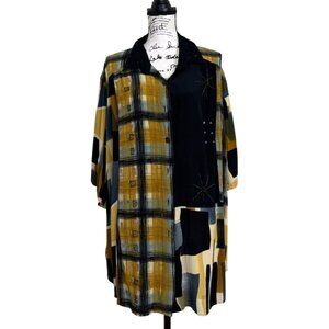 BOP Women's 2X Top Button-Up Patchwork Vintage Plaid Abstract Yellow Shirt